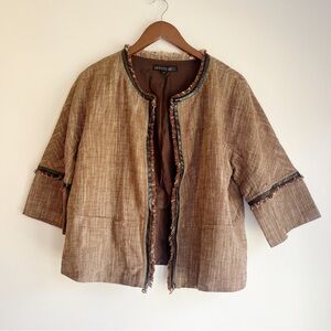 Lafayette 148 New York Leather trimmed open front brown casual blazer jacket 8